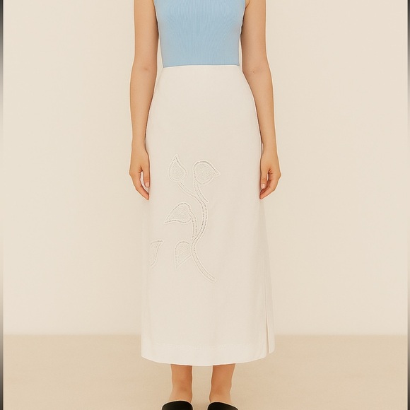 Venroy Cotton Maxi Skirt in White Sz L Floral Embroidered Side Slit Semi Sheer - Picture 2 of 15